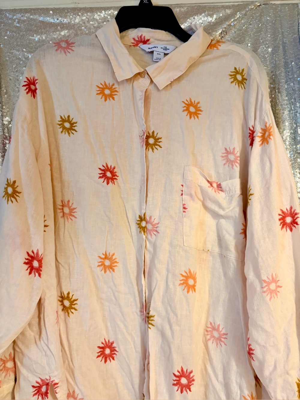 EUC Old Navy Cream Button-Down Shirt with Red, Orange & Pink Sunburst Print